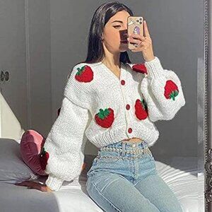 Women Button Down Sweater V Neck Cable Knit Crop Cardigan Multi Sz